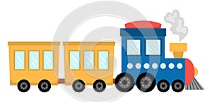 Vector blue steam train. Funny locomotive or engine with yellow wagons for kids. Cute vehicle clip art. Public transport icon