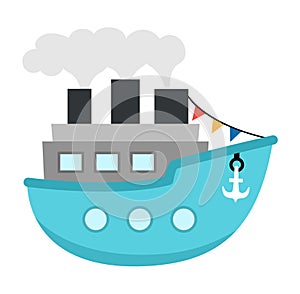 Vector blue steamship with tubes, steam, anchor, flag. Water transport icon. Funny nautical transportation ship clipart for kids.