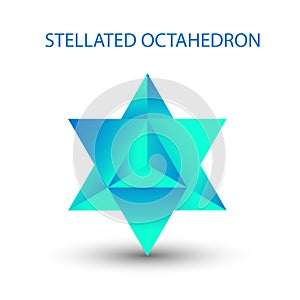 Vector blue Stellated Octahedron, also called Stella octangula, and Polyhedra Hexagon, geometric polyhedral compounds on photo