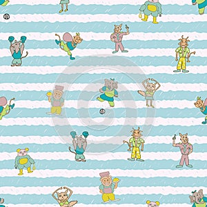 Vector blue stripes fun anthromorphic characters repeat pattern background