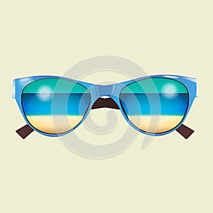 Vector blue summer sunglasses with beach reflection