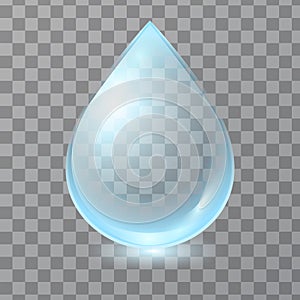 Vector blue transparent water drop isolated on checkered background