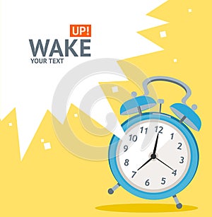 Vector blue wakeup clock card. Flat Design photo
