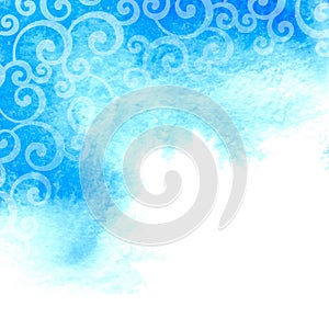 Vector blue watercolor background with floral pattern.