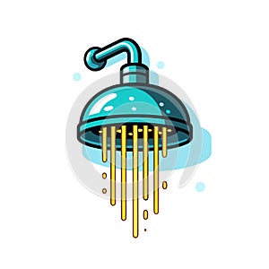 Vector of a blue and yellow shower head with water droplets