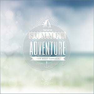 Vector blurred landscape background with summer adventure badge