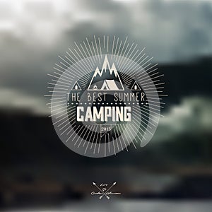 Vector blurred landscape background with summer camping badge