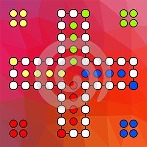 Vector board for a family game Ludo to four players on a red colored background