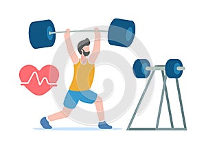 Vector body-building concept. Healthy lifestyle. Professional sports. A pumped-up man in sportswear lifts a huge heavy dumbbell