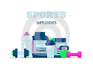 Vector bodybuilding or gym supplements in a flat style. Sport and fitness nutrition.