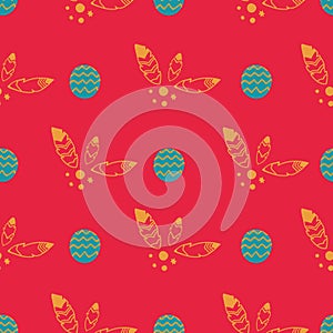 Vector bohemian christmas golden stars and feathers, turquoise balls, red background seamless repeat pattern