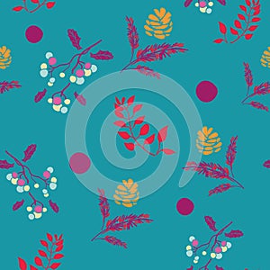 Vector bohemian christmas purple balls, pink branches, red leaves and golden pine cone, seamless pattern