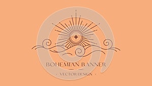 Vector bohemian logo design with sun,cloud or sea waves and light rays