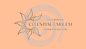 Vector bohemian logo design with sun or moon and light rays