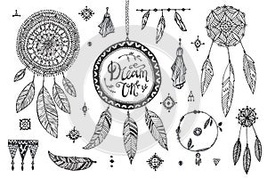 Vector boho decor set, collection of hand drawn doodle borders, dream catchers, dividers, design elements, arrows