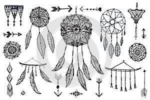 Vector boho decor set, collection of hand drawn doodle borders, dream catchers, dividers, design elements, arrows