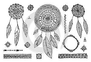 Vector boho decor set, collection of hand drawn doodle borders, dream catchers, dividers, design elements, arrows