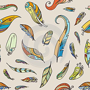 Vector boho doodle feathers pattern background illustration