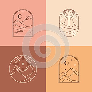 Vector boho emblems with abstract mountain landscapes.Travel logos