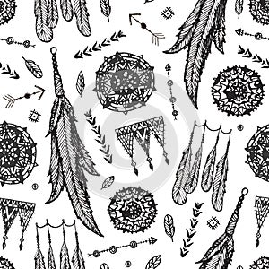 Vector boho seamless pattern. Hand drawn dream catcher, bird feather, arrows background.