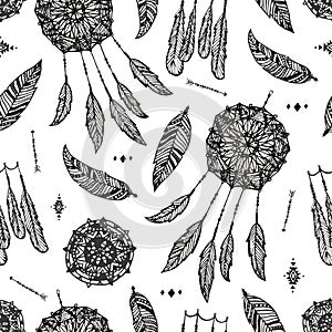 Vector boho seamless pattern. Hand drawn dream catcher, bird feather, arrows background.