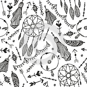 Vector boho seamless pattern. Hand drawn dream catcher, bird feather, arrows background.