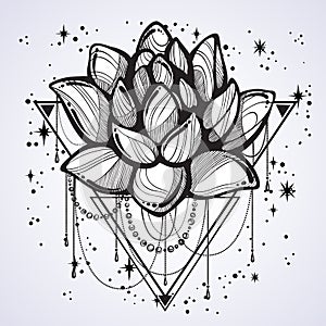 Vector boho style outline trendy illustration isolated. Lotus flower on sacred geometry and a scattering of stars. Tattoo art.