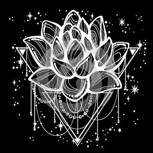 Vector boho style outline trendy illustration isolated. Lotus flower on sacred geometry and a scattering of stars. Tattoo art.