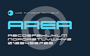 Vector bold futuristic display font, modern wide typeface, upper