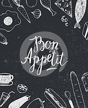 Vector Bon Appetit graphic poster with food illustrations, menu cover, banner