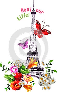 Vector bonjour eiffel tower with roses and butterflies