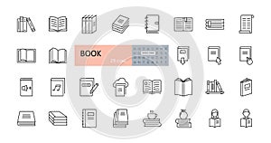 Vector book icons. Editable Stroke. Reading, library, stack of books, open, bookcase shelf. Readers, magazine, audio, coffee apple