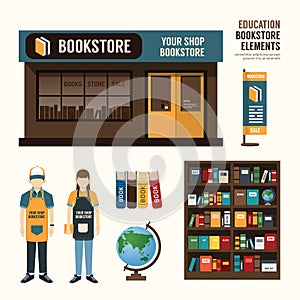 Vector bookstore set design, shop store, package, t-shirt, cap,