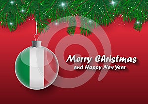 Vector border of Christmas tree branches and ball with italy fla