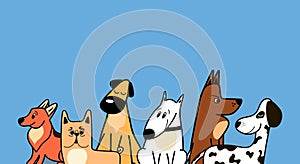 Vector border with cute different breeds of dogs in cartoon style on a blue background, Corgi, Bulldog, Dalmatian, Bull terrier