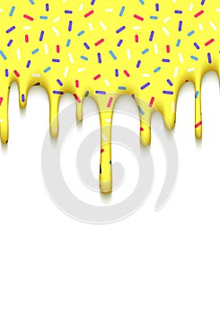 Vector Border with Yellow Lemon Ice Cream with Sprinkles Dripping Down. Splash Paint Illustration