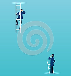 Vector of boss looking down from a top to a employee climbing up from under the floor