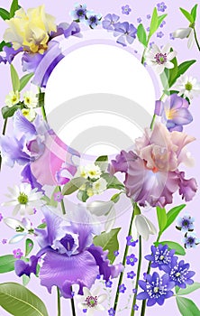 Vector botanical banner with irises and spring blue flowers. Floral design for natural cosmetics, couples and other women`s