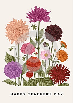 Vector botanical floral illustration. Happy Teacher`s Day. Dahlias.