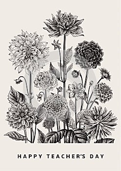 Vector botanical floral illustration. Happy Teacher`s Day. Dahlias. photo