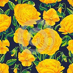 Vector botanical floral seamless pattern with yellow realistic flowers.