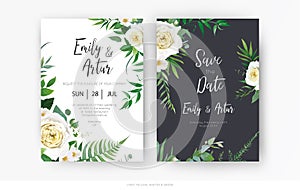 Vector, botanical, floral wedding invite, save the date card template set. Yellow, white rose, camellia flower, greenery
