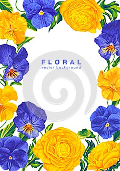 Vector botanical frame. Vertical background with yellow and blue flowers.