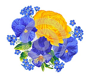 Vector botanical illustration with yellow ranunculus, blue violas and yellow-blue pansies, forget-me-nots