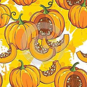 Vector botanical pattern with pumpkins, flowers and leaves.