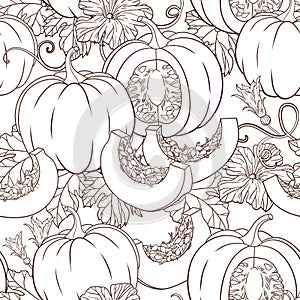 Vector botanical pattern with pumpkins, flowers and leaves.
