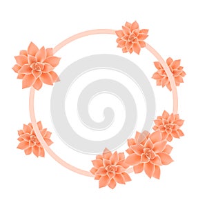 Vector botanical round empty frame with coral color flowers Graptopetalum. Template isolated on white color. Poster Design for photo