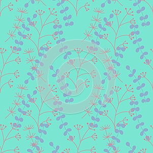 Vector Botanical seamless background. Different types of herbaceous plants . Pink and light purple herbs on blue