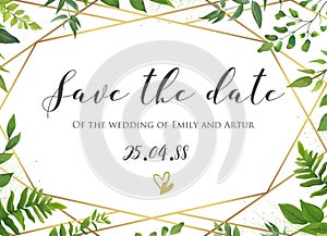 Vector botanical Wedding floral save the date, invite card elegant, modern design with natural forest green fern leaves, greenery photo