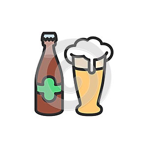 Vector bottle and beer glass flat color line icon.